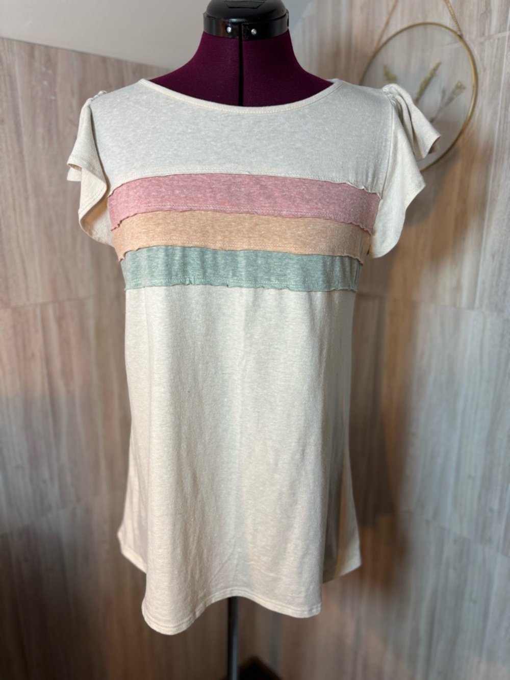 Spice Rose Cream Short Sleeve Tee with Pink, Peach & Mint Stripe Detail